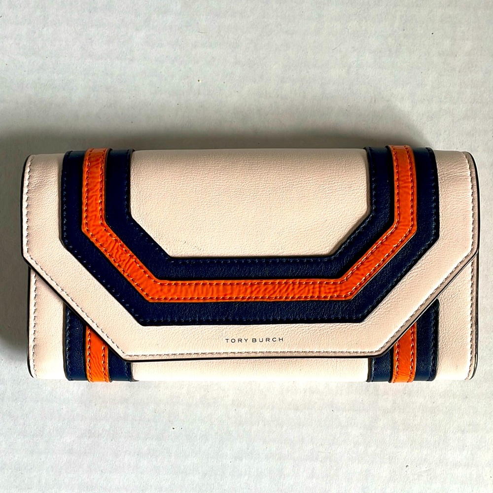 Tory Burch Cream, Orange, and Blue Wallet